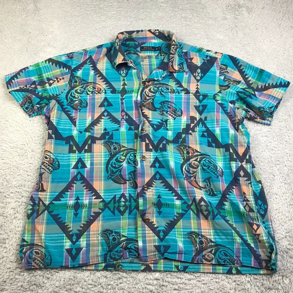 Polo Ralph Lauren Shirt Mens XL Blue Plaid Aztec Fish Print Cotton Button Up SS
